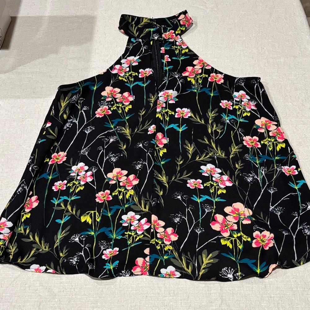 Express Black Floral Halter Blouse with Pink & Yellow Blooms